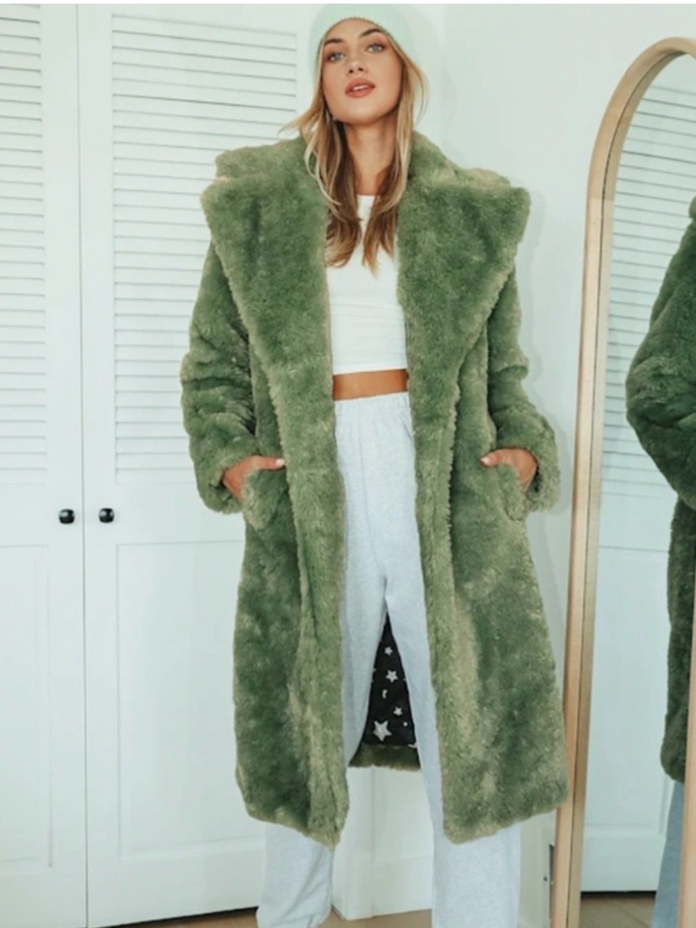 Avec Les Filles Sage Green Faux Fur Long Coat